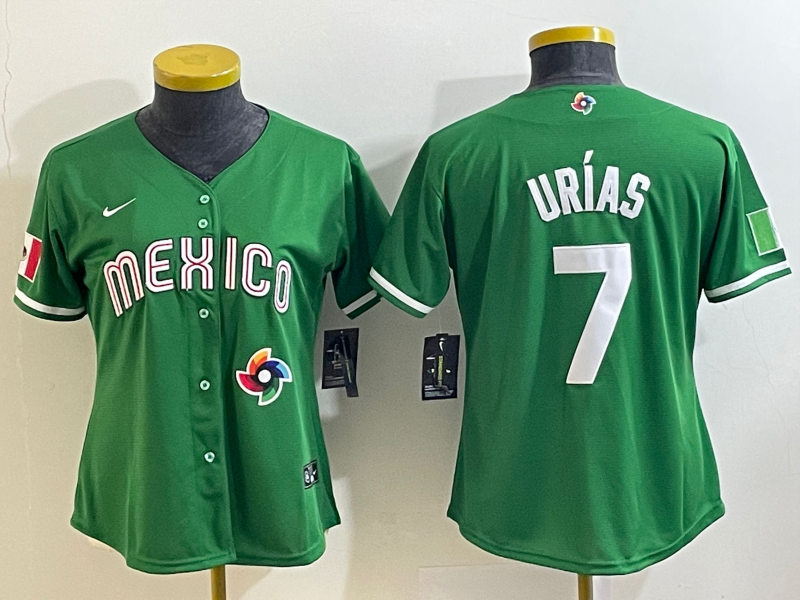 Women's Mexico Baseball #7 Julio Urias Number 2023 Green World Classic Stitched Jersey6