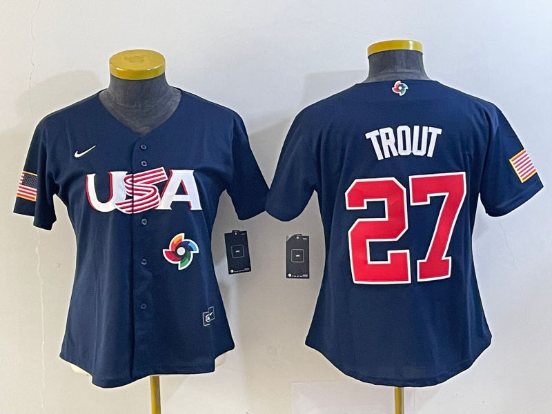 Women's USA Baseball #27 Mike Trout Number 2023 Navy World Classic Stitched Jersey2