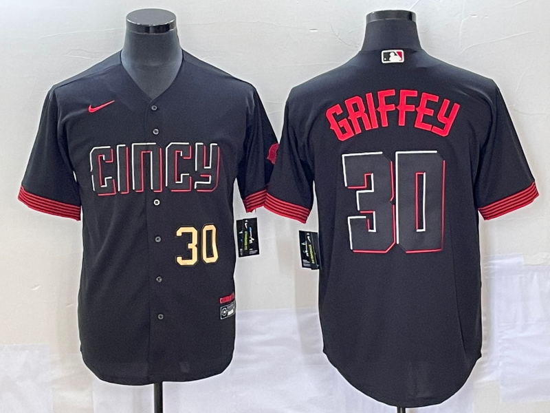 Men's Cincinnati Reds #30 Ken Griffey Jr Number Black 2023 City Connect Cool Base Stitched Jersey