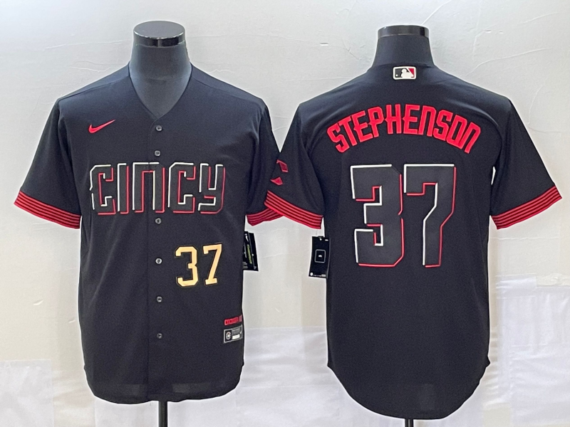 Men's Cincinnati Reds #37 Tyler Stephenson Number Black 2023 City Connect Cool Base Stitched Jersey