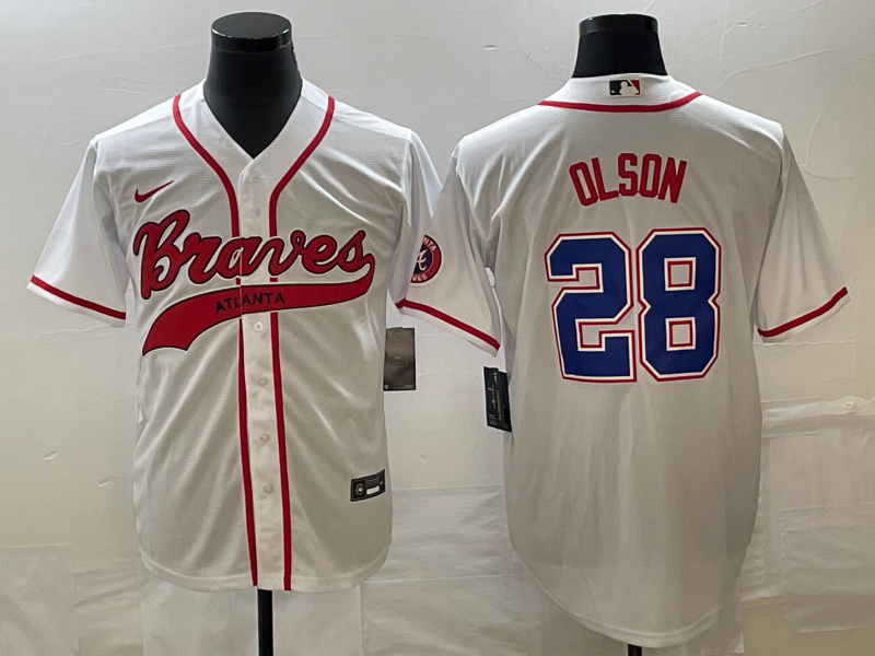 Men's Atlanta Braves #28 Matt Olson White Cool Base With Patch Stitched Baseball Jersey