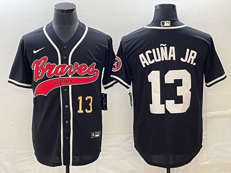 Men's Atlanta Braves #13 Ronald Acuna Jr Number Black Cool Base Stitched Baseball Jersey