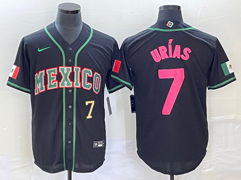 Men's Mexico Baseball #7 Julio Urias Number 2023 Black Pink World Classic Stitched Jersey5