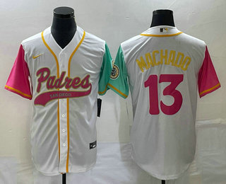 Men's San Diego Padres #13 Manny Machado White NEW 2023 City Connect Cool Base Stitched Jersey 1