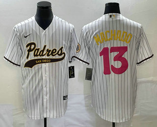 Men's San Diego Padres #13 Manny Machado White Pinstripe 2023 City Connect Cool Base Stitched Jersey