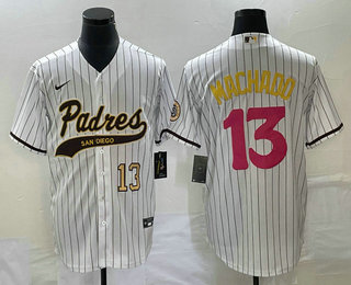 Men's San Diego Padres #13 Manny Machado Number White Pinstripe 2023 City Connect Cool Base Stitched Jersey