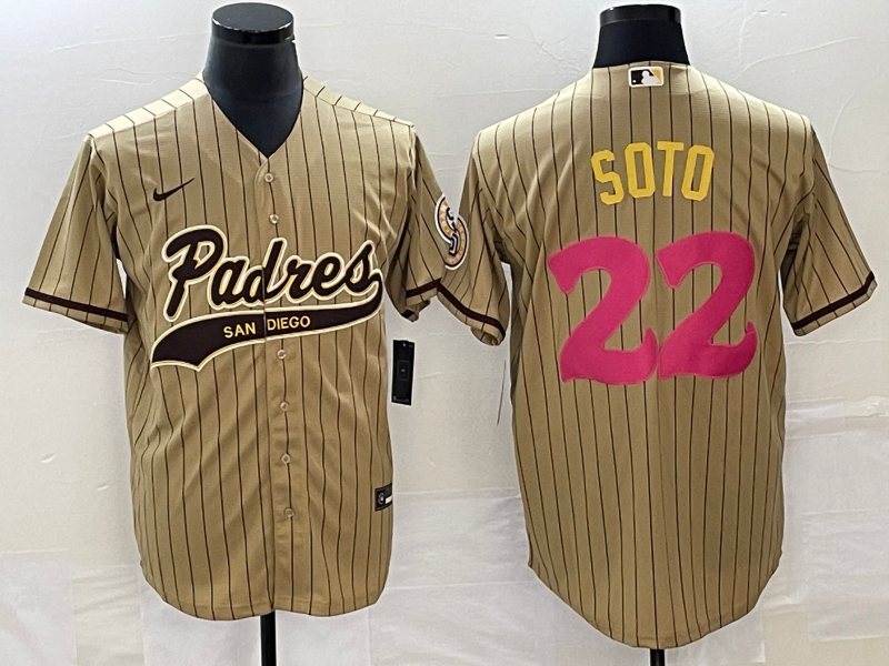 Men's San Diego Padres #22 Juan Soto Tan Pinstripe 2023 City Connect Cool Base Stitched Jersey 1