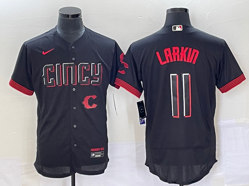 Men's Cincinnati Reds #11 Barry Larkin Black 2023 City Connect Flex Base Stitched Jersey 1