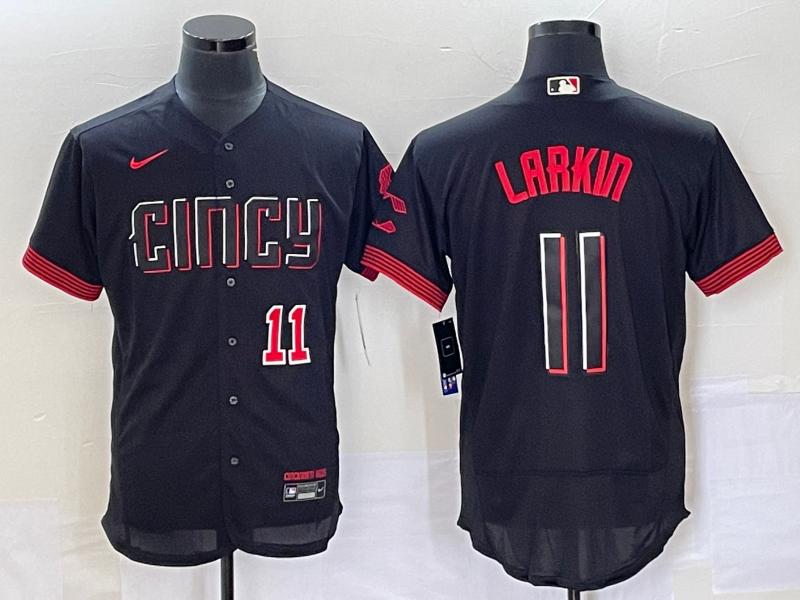 Men's Cincinnati Reds #11 Barry Larkin Number Black 2023 City Connect Flex Base Stitched Jersey 2