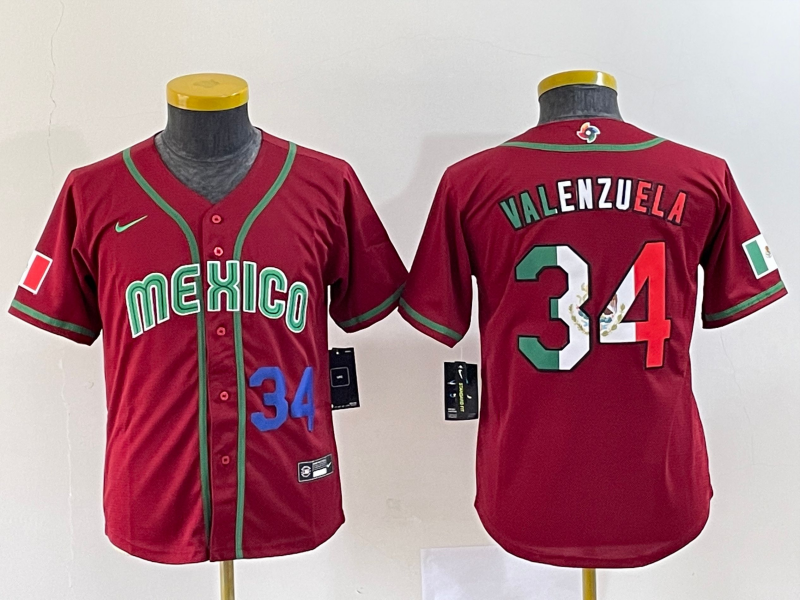 Youth Mexico Baseball #34 Fernando Valenzuela 2023 Red World Classic Stitched Jersey1