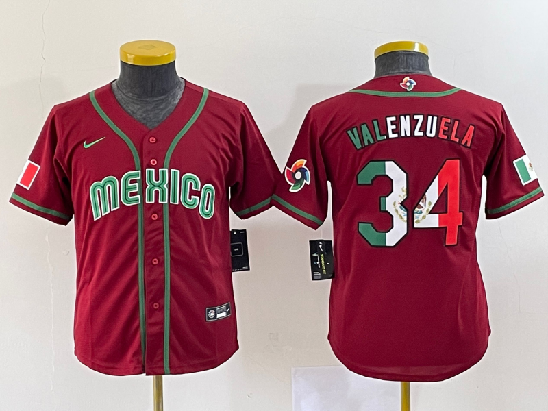 Youth Mexico Baseball #34 Fernando Valenzuela 2023 Red World Classic Stitched Jersey9