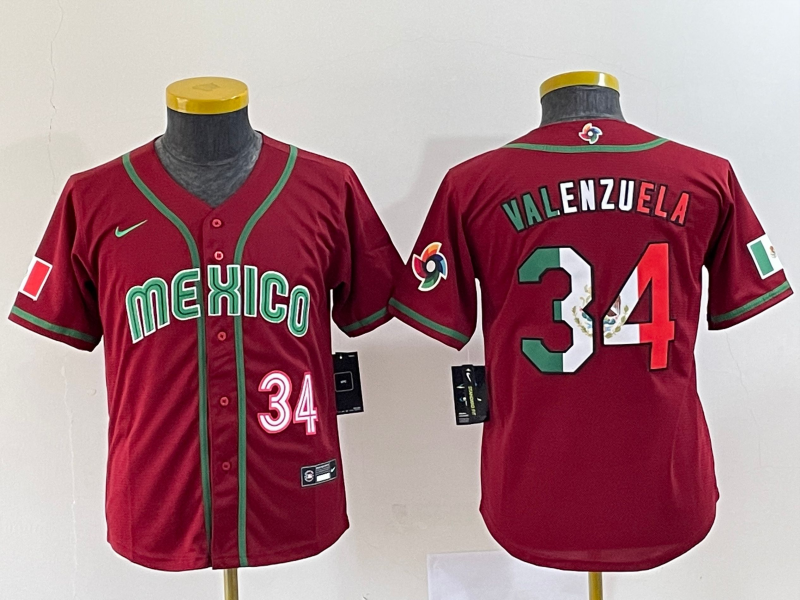 Youth Mexico Baseball #34 Fernando Valenzuela 2023 Red World Classic Stitched Jersey 3