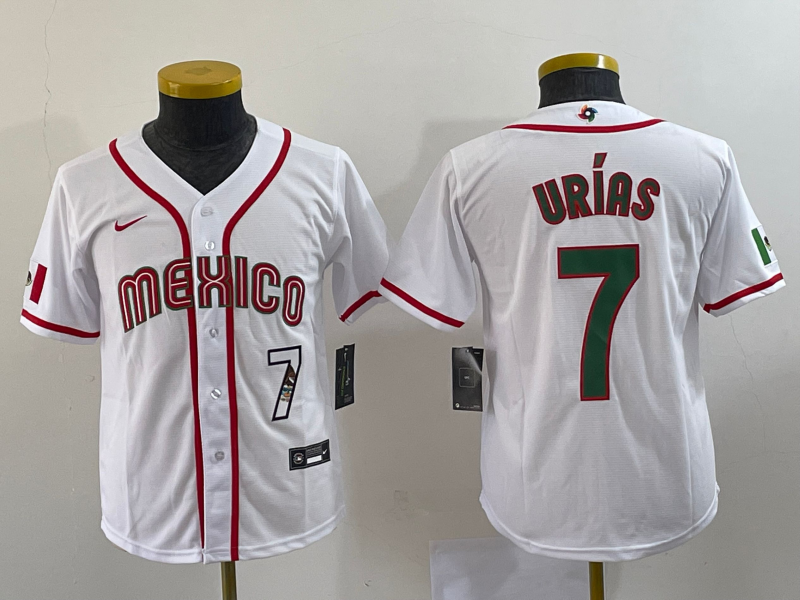 Youth Mexico Baseball #7 Julio Urias Number 2023 Red World Baseball Classic Stitched Jersey2