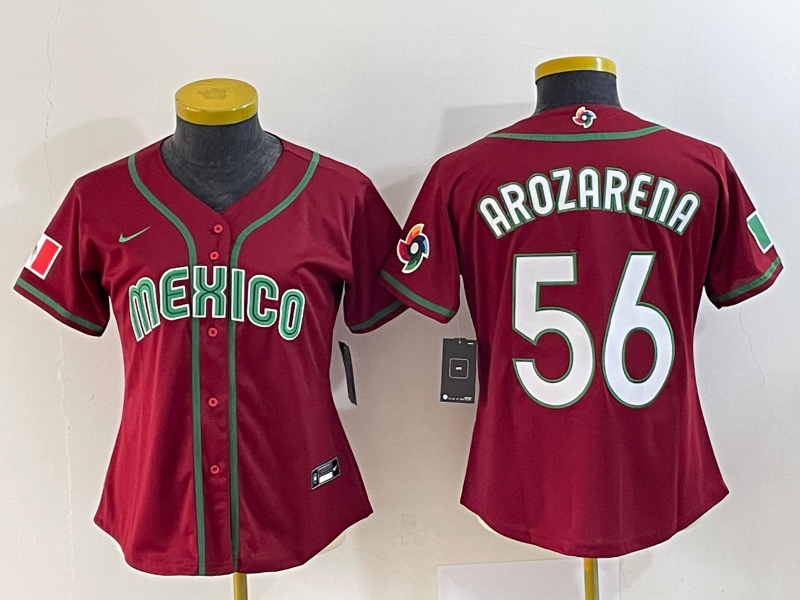 Women's Mexico Baseball #56 Randy Arozarena 2023 Red World Classic Stitched Jersey 1