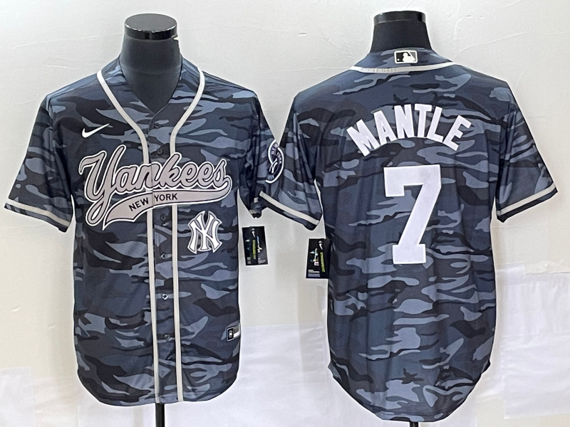 Men's New York Yankees #7 Mickey Mantle Grey Camo Cool Base With Patch Stitched Baseball Jersey1