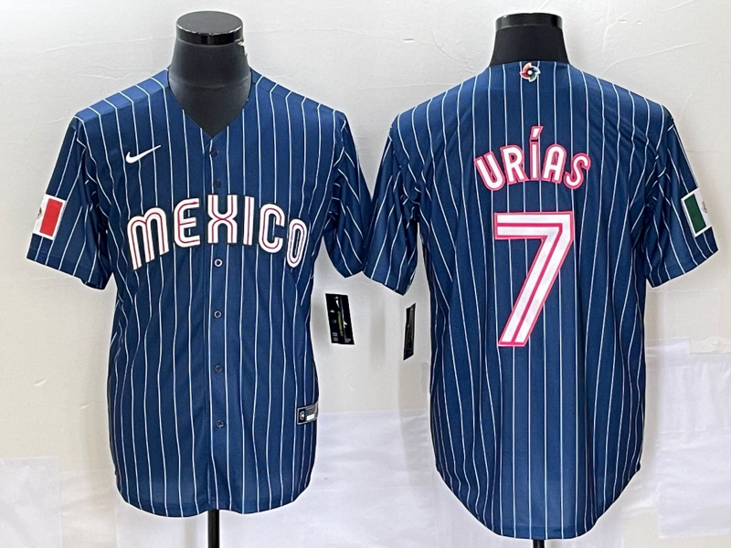 Men's Mexico Baseball #7 Julio Urias Navy Blue Pinstripe 2020 World Series Cool Base Nike Jersey