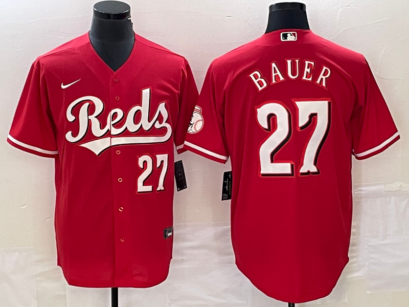 Men's Cincinnati Reds #27 Trevor Bauer Number Red Stitched MLB Cool Base Nike Jersey