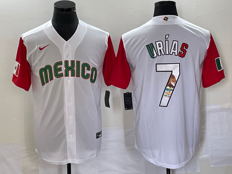 Men's Mexico Baseball #7 Julio Urias Number 2023 White Red World Classic Stitched Jersey 14