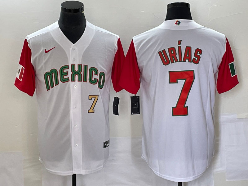 Men's Mexico Baseball #7 Julio Urias Number 2023 White Red World Classic Stitched Jersey 18