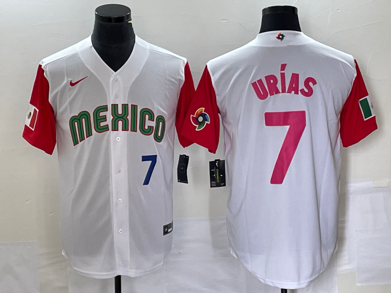 Men's Mexico Baseball #7 Julio Urias Number 2023 White Red World Classic Stitched Jersey 28