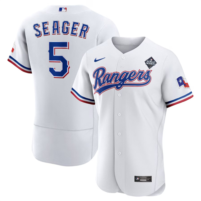 Men's Texas Rangers #5 Corey Seager White 2023 World Series Flex Base Stitched Baseball Jersey