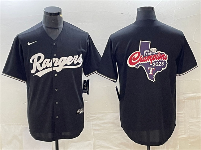 Men's Texas Rangers Black 2023 World Series Champions Big Logo Cool Base Stitched Baseball Jersey