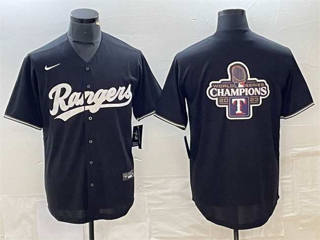 Men's Texas Rangers Black 2023 World Series Champions Big Logo Cool Base Stitched Baseball Jerseys