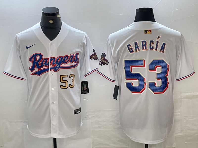 Men's Texas Rangers #53 Adolis Garcia Number White 2023 World Series Champions Cool Base Jerseys