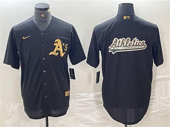 Men's Oakland Athletics Black Gold Team Big Logo Cool Base Stitched Baseball Jerseys