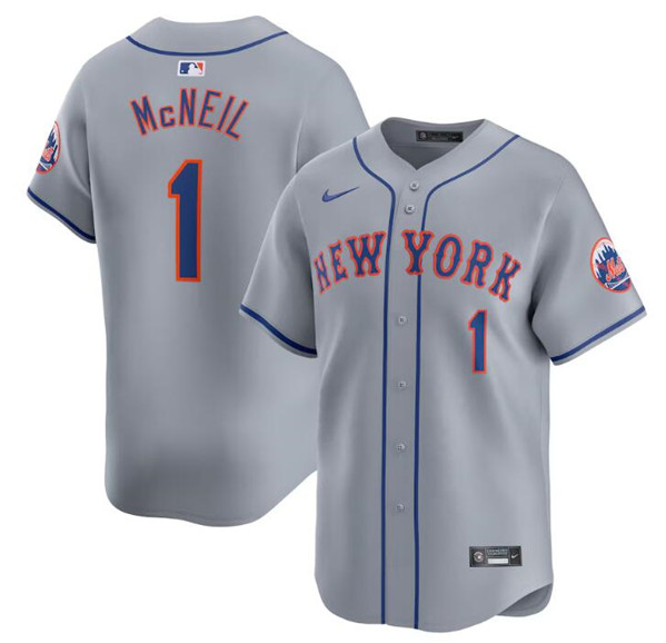 Men's New York Mets #1 Jeff McNeil 2024 Gray Away Limited Stitched Baseball Jersey