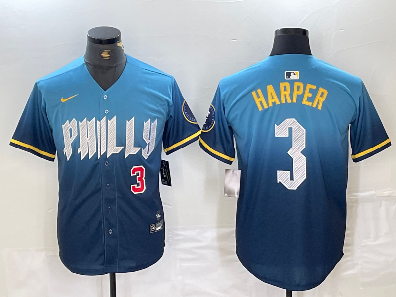 Mens Philadelphia Phillies #3 Bryce Harper Number Blue 2024 City Connect Limited Stitched Jersey