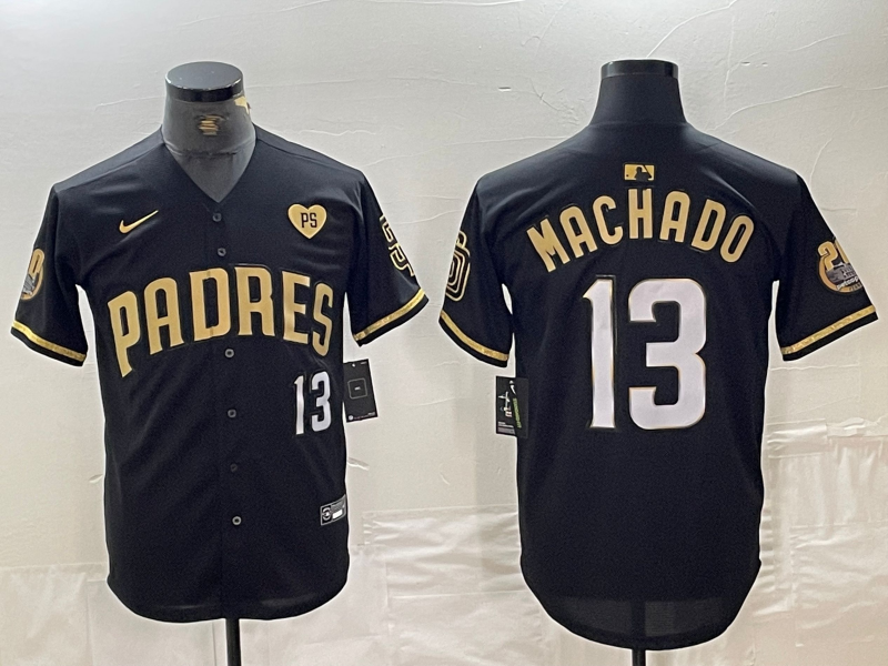 Men's San Diego Padres #13 Manny Machado Black Gold With Patch Cool Base Stitched Baseball Jersey