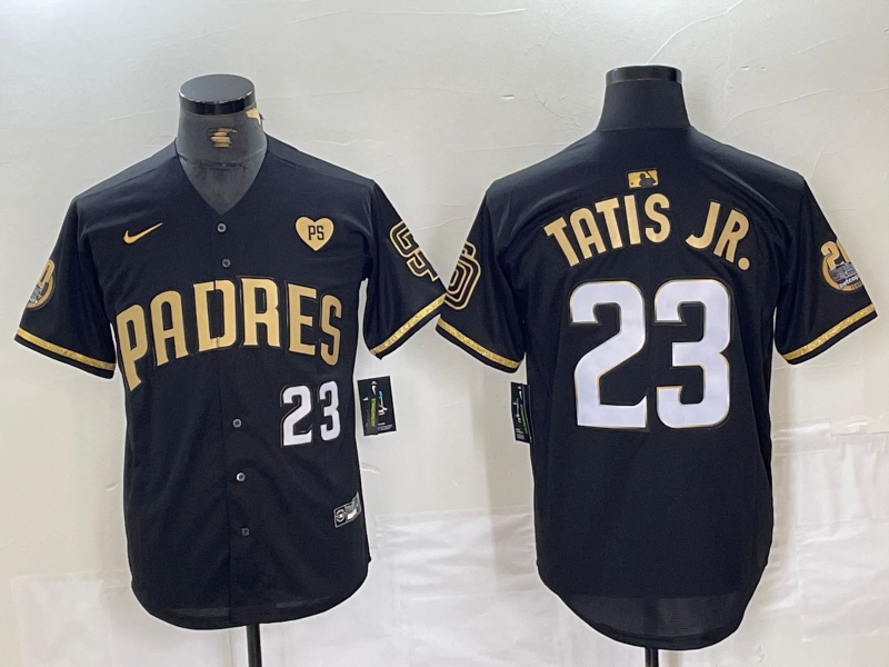 Men's San Diego Padres #23 Fernando Tatis Jr Black Gold With Patch Cool Base Stitched Baseball Jersey