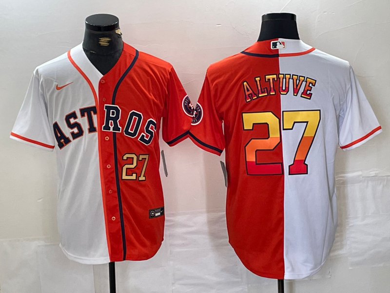 Men's Houston Astros #27 Jose Altuve Number White Orange Split Stitched Baseball Jersey