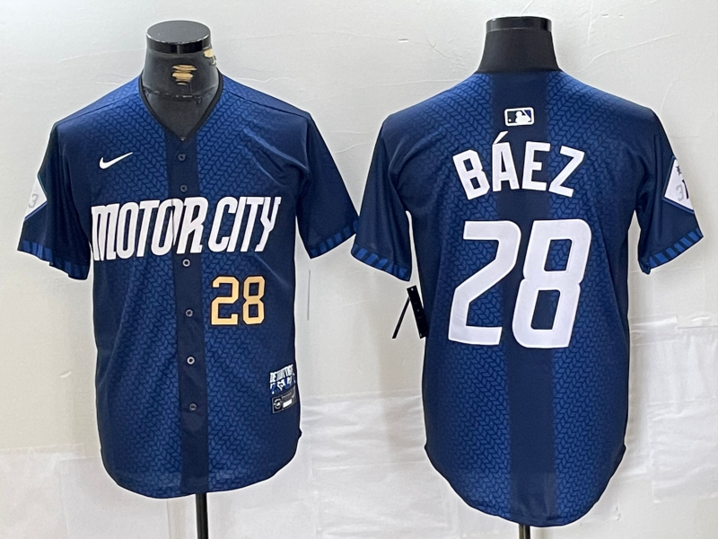 Mens Detroit Tigers #28 Javier Baez Number 2024 Navy City Connect Cool Base Limited Stitched Jersey