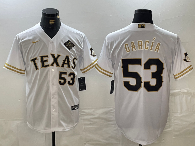 Men's Texas Rangers #53 Adolis Garcia Number White Gold Cool Base Stitched Baseball Jersey