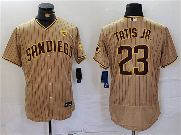 Men's San Diego Padres #23 Fernando Tatis Jr. Tan With PS Patch Flex Base Stitched Baseball Jersey