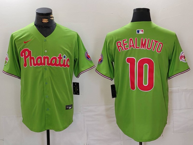 Men's Philadelphia Phillies #10 JT Realmuto Green With Patch Stitched Cool Base Nike Jersey