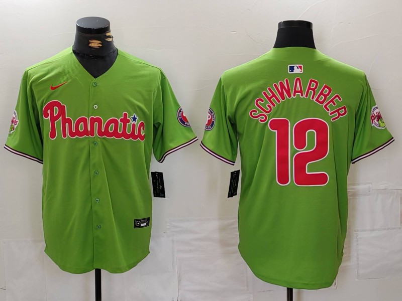 Men's Philadelphia Phillies #12 Kyle Schwarber Green With Patch Stitched Cool Base Nike Jersey