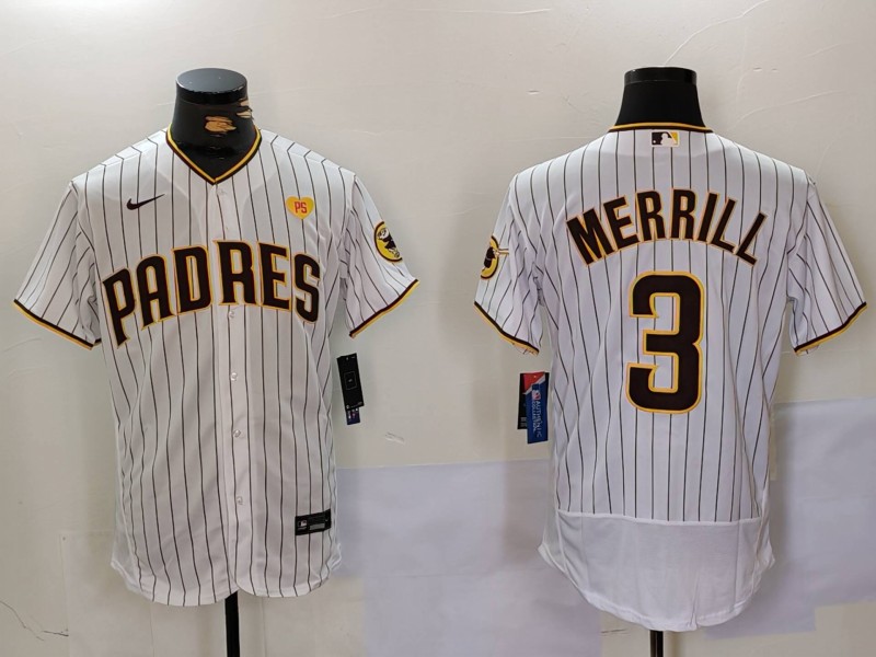 Men's San Diego Padres #3 Jackson Merrill White With PS Patch Stitched Flex Base Jersey