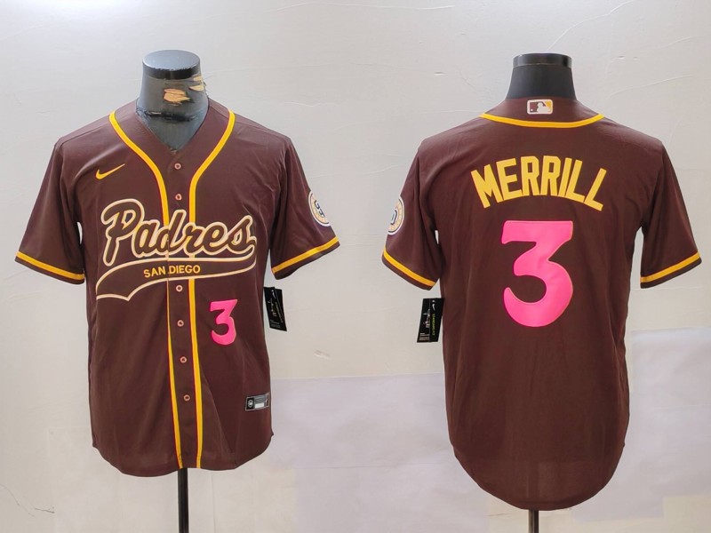 Men's San Diego Padres #3 Jackson Merrill Brown Cool Base Stitched Baseball Jersey