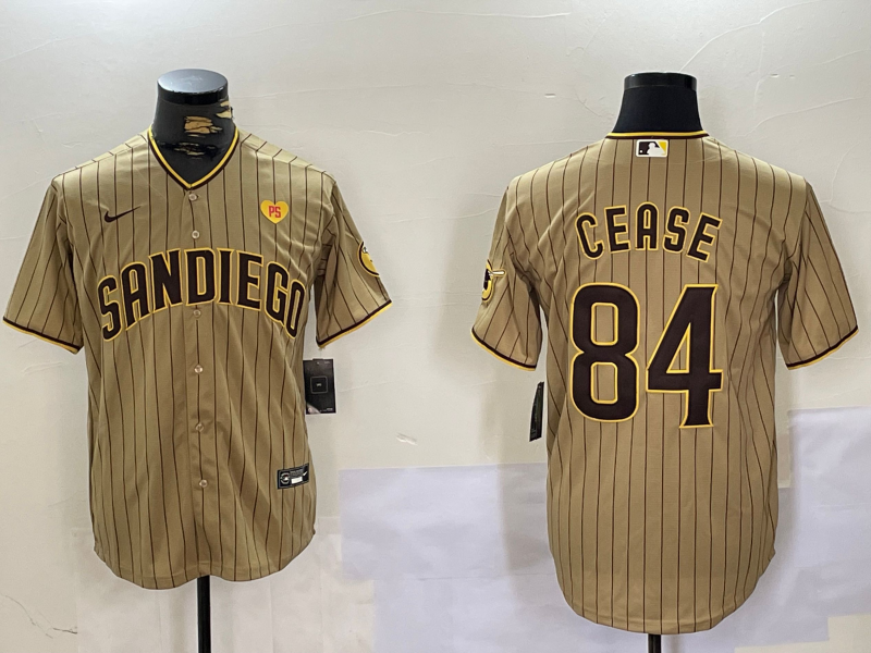 Men's San Diego Padres #84 Dylan Cease Khaki Team Logo With PS Patch Stitched Cool Base Nike Jersey