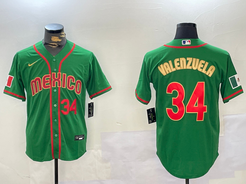 Men's Mexico Baseball #34 Fernando Valenzuela Number 2023 Green Gold World Classic Stitched Jersey