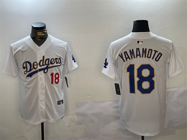 Men's Los Angeles Dodgers #18 Yoshinobu Yamamoto White Gold Home Limited Stitched Baseball Jerseys