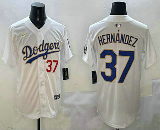 Men's Los Angeles Dodgers #37 Teoscar Hernandez Number White Gold Cool Base Stitched Jersey