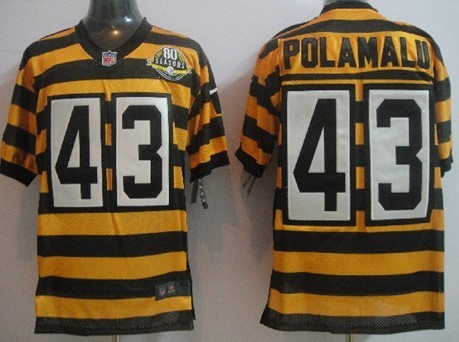 Nike Pittsburgh Steelers #43 Troy Polamalu Yellow With Black Throwback 80TH Jersey