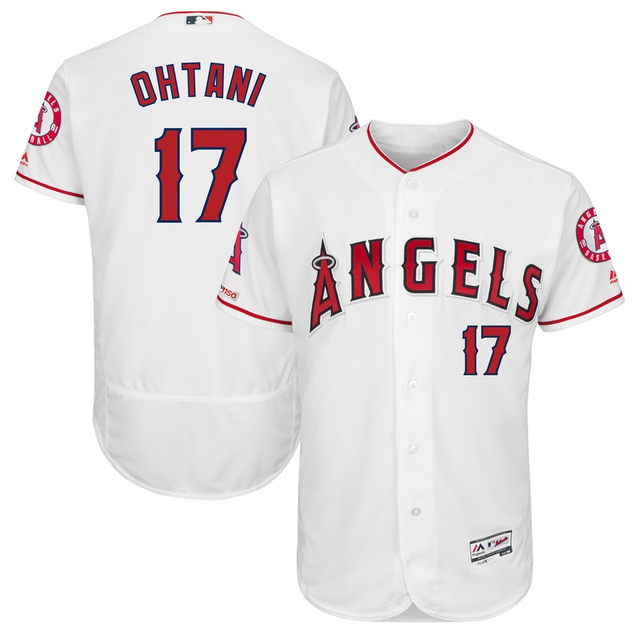 Men's LA Angels of Anaheim 17 Shohei Ohtani White 150th Patch Flexbase Jersey