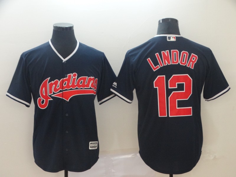 Men's Cleveland Indians 12 Francisco Lindor Navy Cool Base Jersey