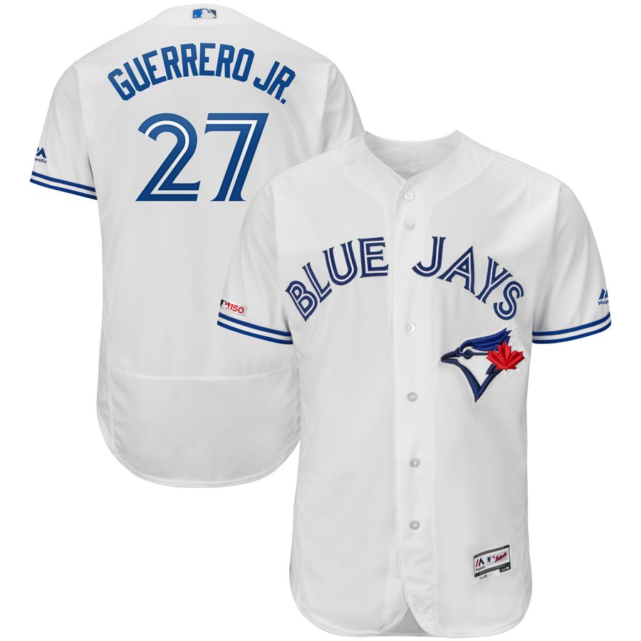 Men's Toronto Blue Jays 27 Vladimir Guerrero Jr. White 150th Patch Flexbase Jersey