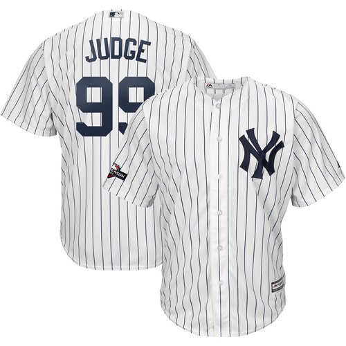 New York Yankees #99 Aaron Judge Majestic 2019 Postseason Official Cool Base Player White Navy Jersey